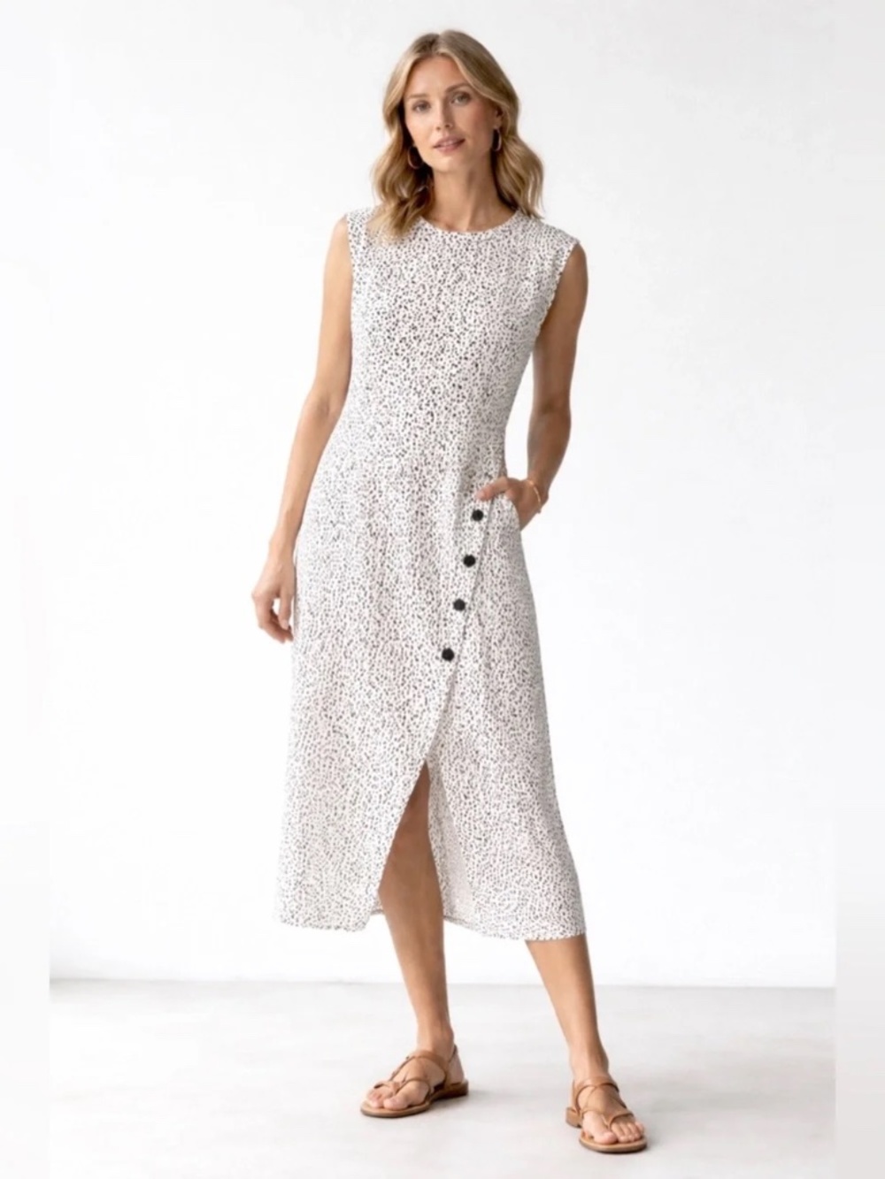 Grey State Polka Dot Midi Dress Size M Black White Sleeveless